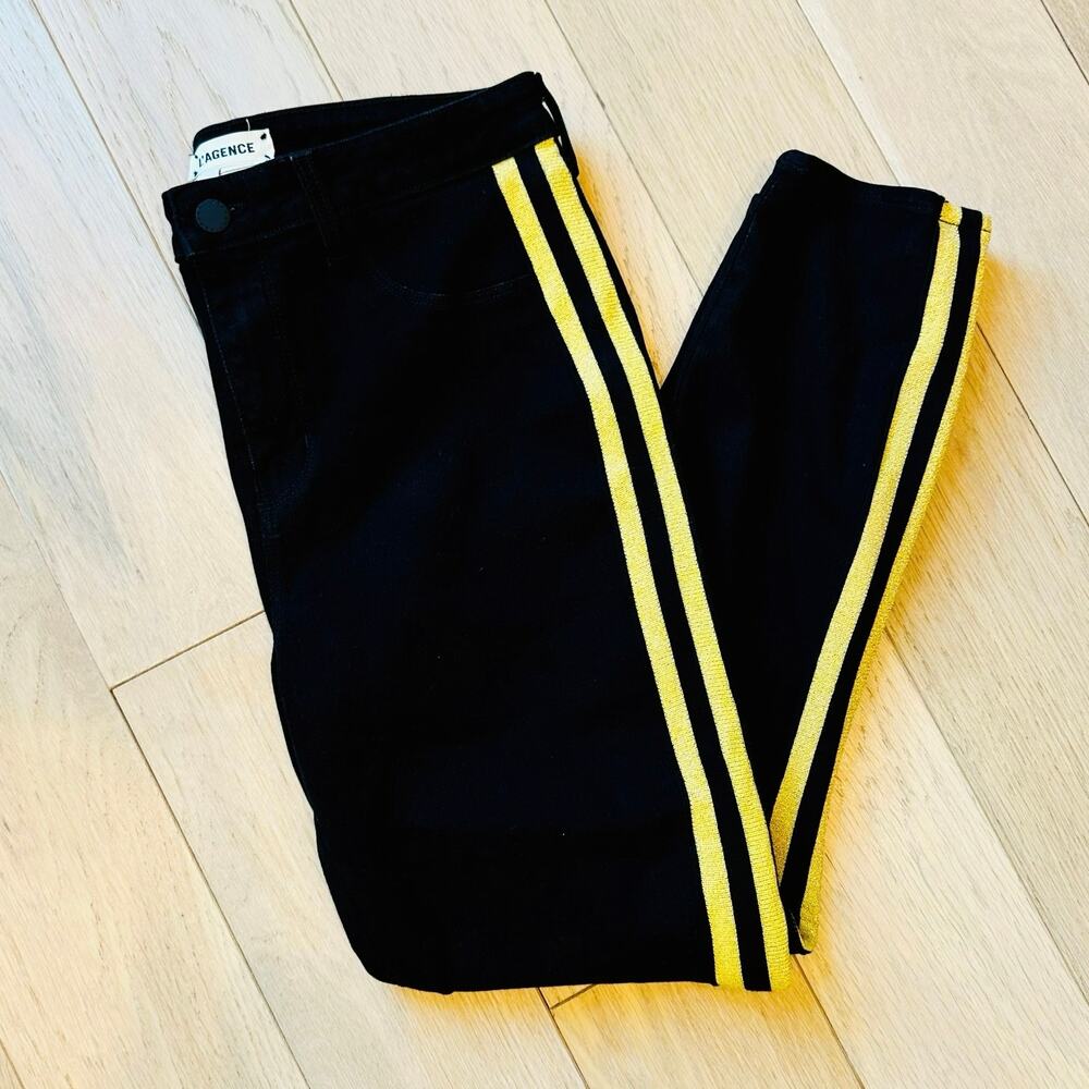 L'Agence Margot Skinny Jeans Black Shimmering Gold Stripe Sz 28 - Picture 8 of 8